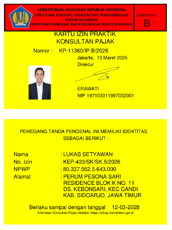 Kartu Izin Berpraktik (KIB) Lukas Setyawan Konsultan Pajak Resmi DJP